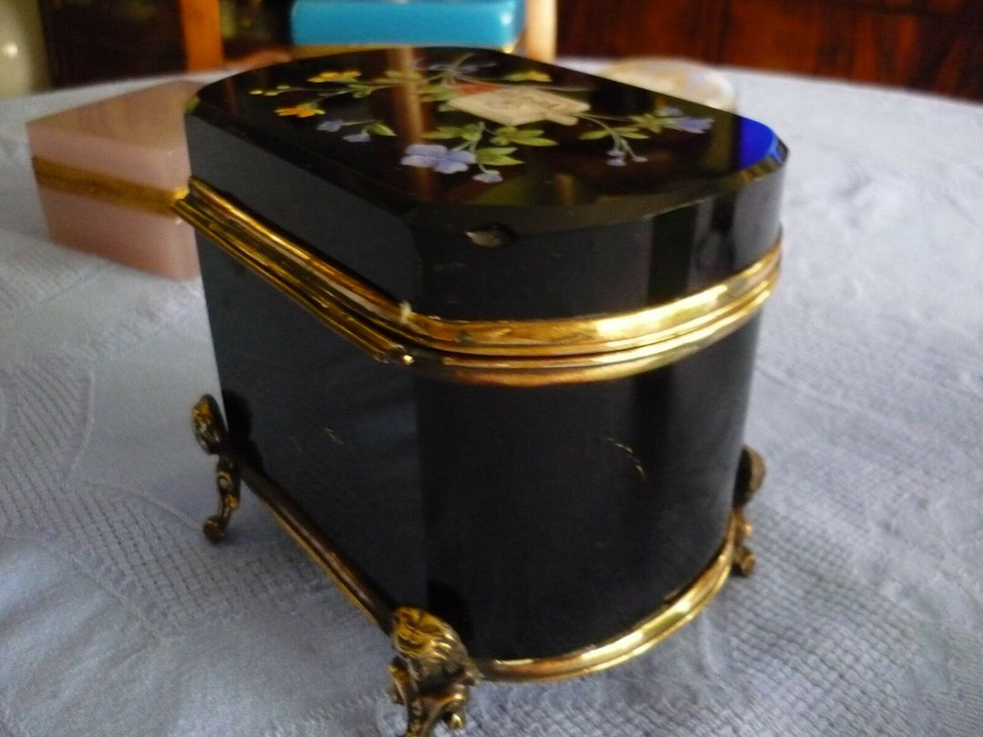 Antique Huge French Glass Casket Trinket Box Hand Enameled 1840 Circa Amethyst