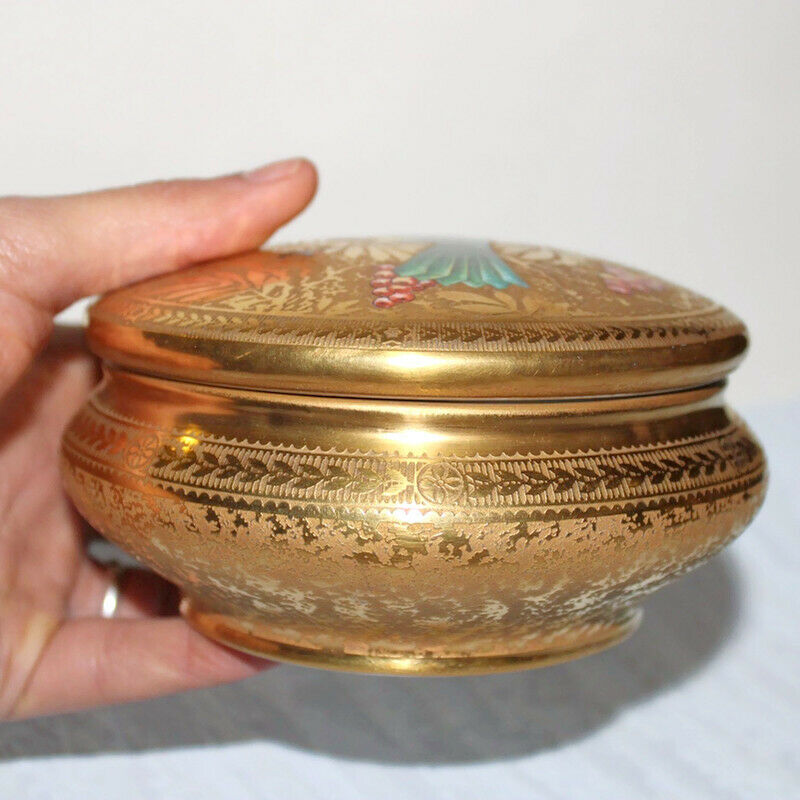 Antique French Limoges Porcelain Jewelry Box Gilded Bird France Handmade