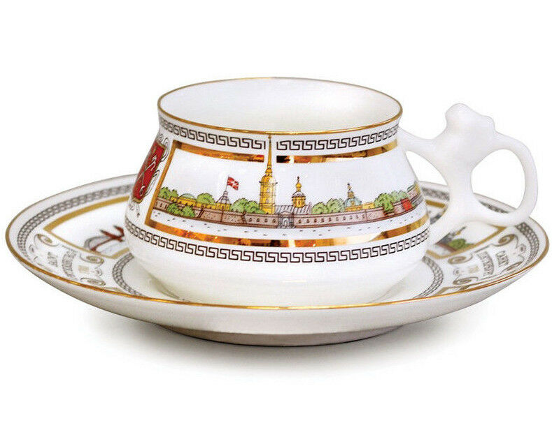 St Petersburg Neva River Teacup & Saucer Imperial Lomonosov Porcelain Authentic