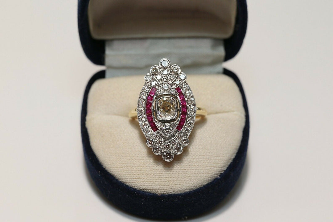 アールデコスタイル 18K ナチュラルダイヤモンドとルビーのナヴェットリング