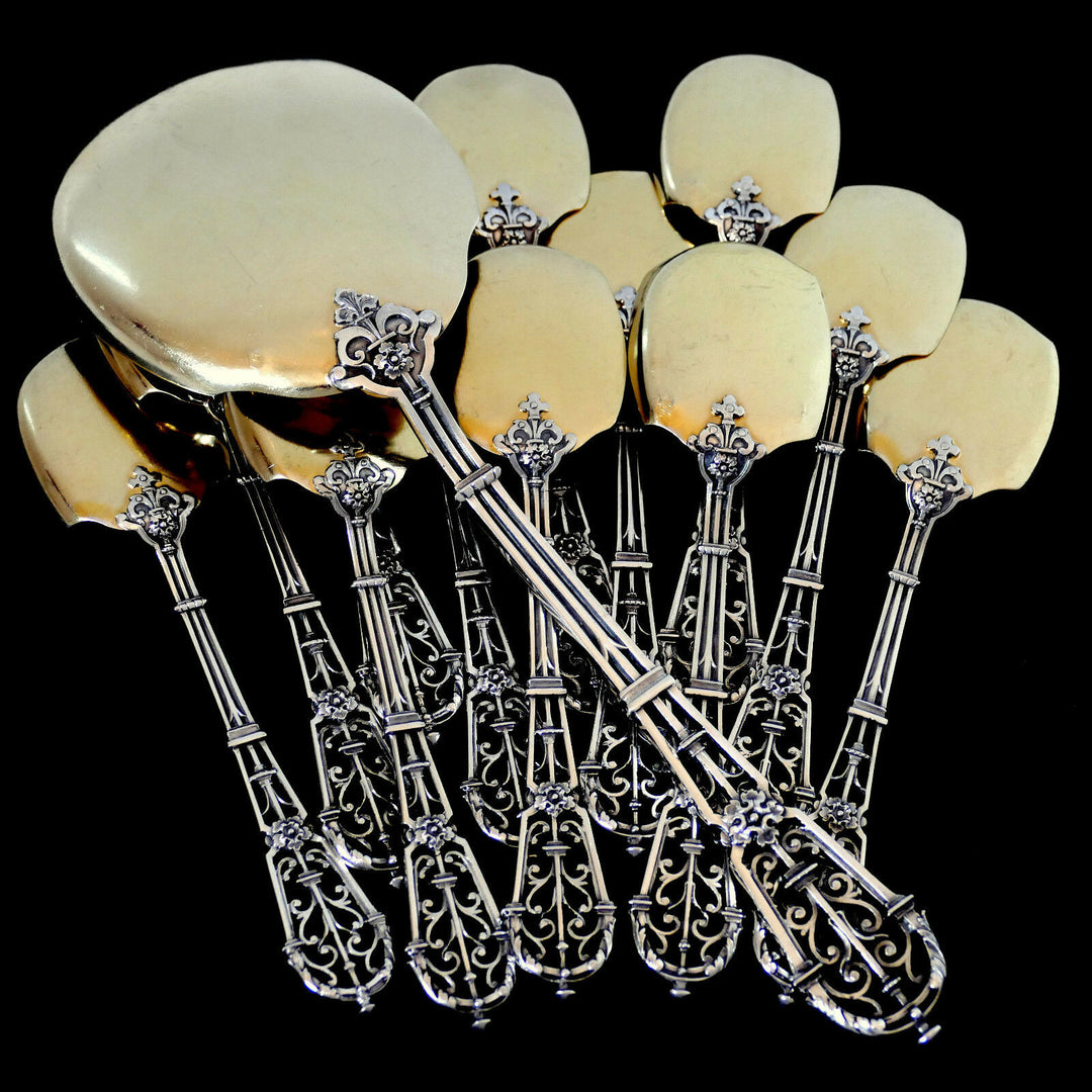 Puiforcat French Sterling Silver 18k Gold Ice Cream Set, Ferrure, Original Box