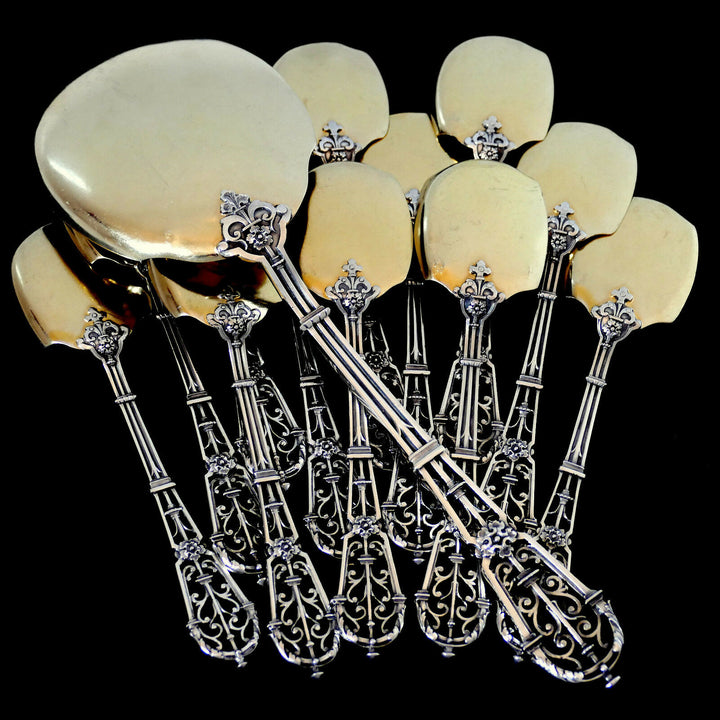 Puiforcat French Sterling Silver 18k Gold Ice Cream Set, Ferrure, Original Box