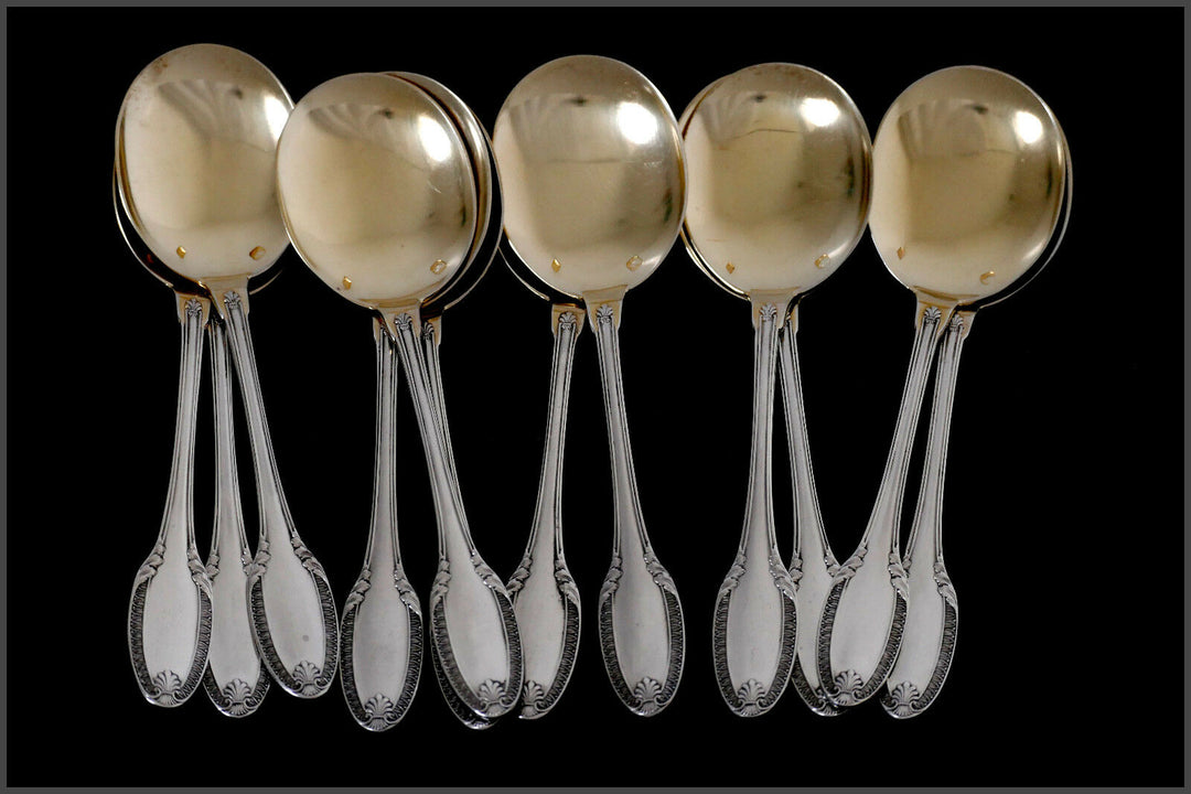 Puiforcat French Sterling Silver 18k Gold Ice Cream Spoons set 12 pc Palmette