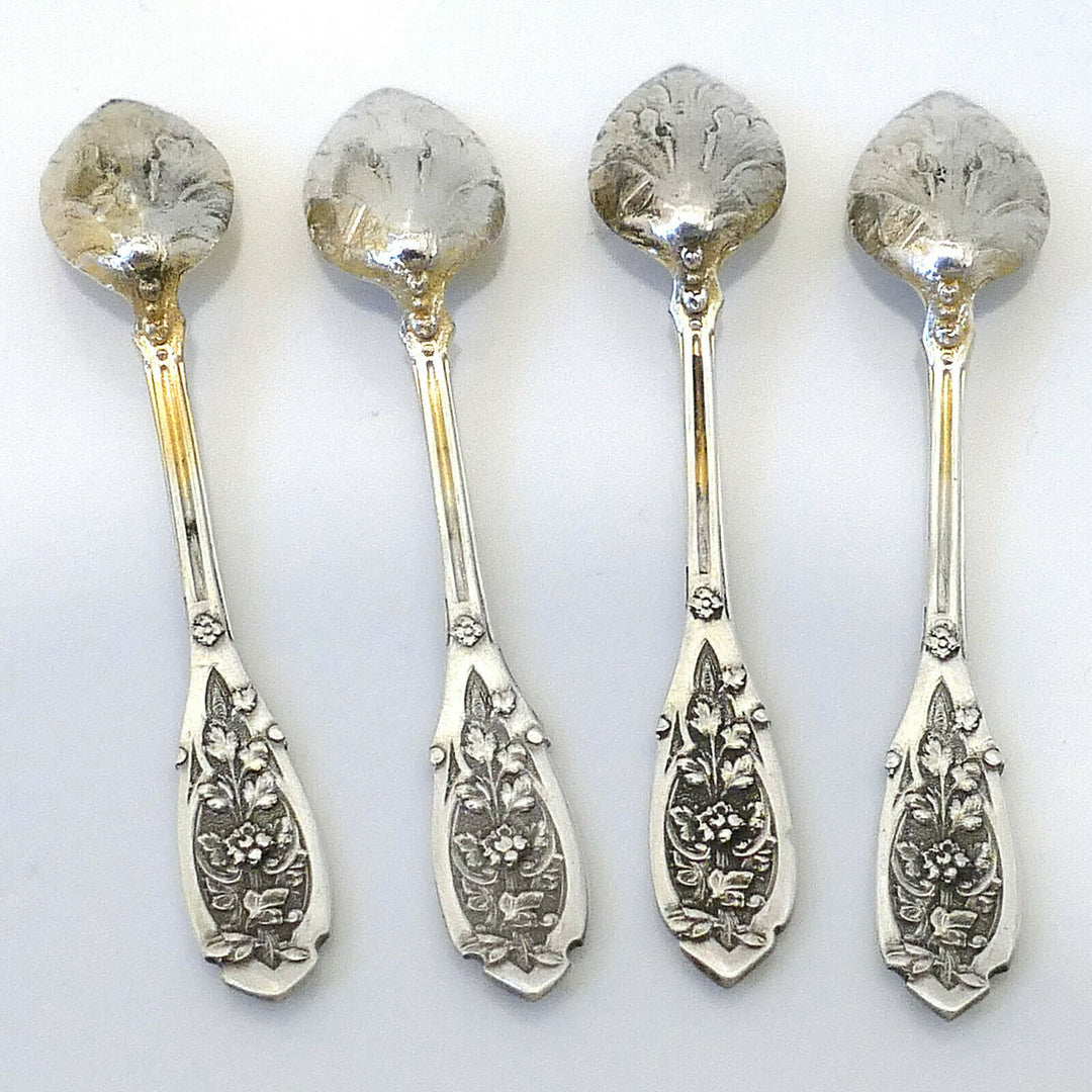 Puiforcat French Sterling Silver 18k Gold 4 Salt Cellars, Spoons, Box, Empire