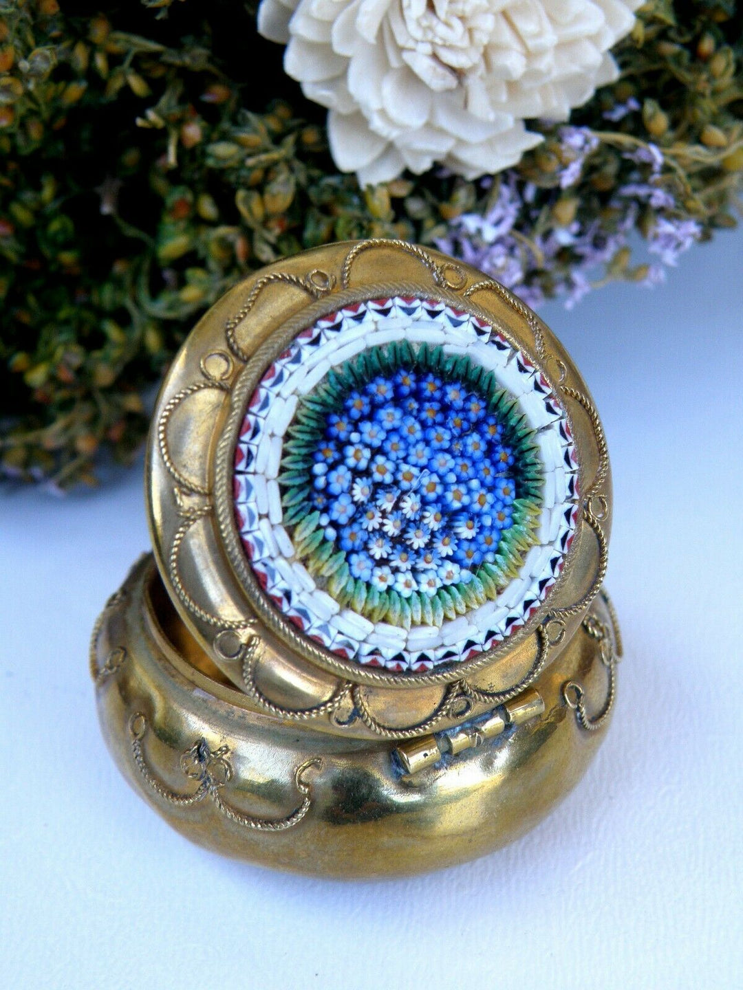 Micro Mosaic Splendid Antique Pill Box Flowers Decor