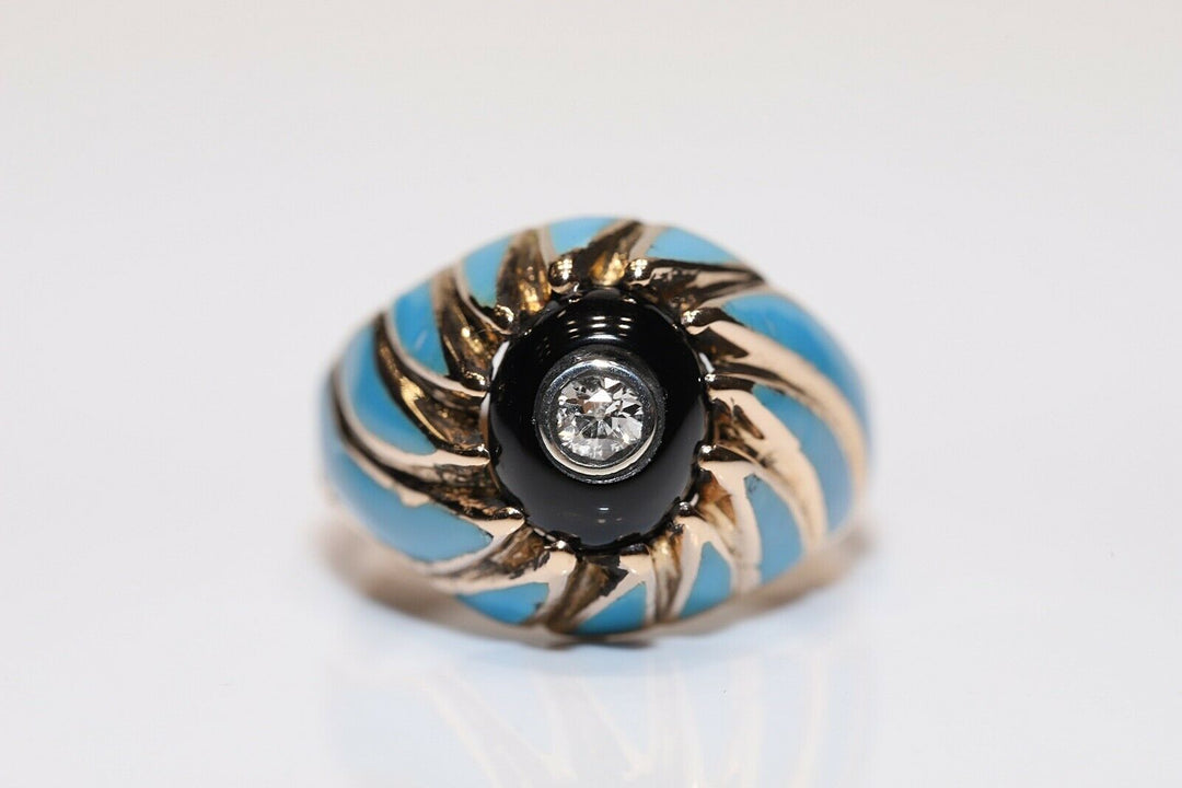 オールド 14K ナチュラルダイヤモンド、オニキス、エナメルのリング