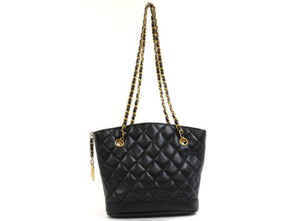 AUTH CHANEL BLACK CLASSIC LAMBSKIN TOTE SHOULDER BAG