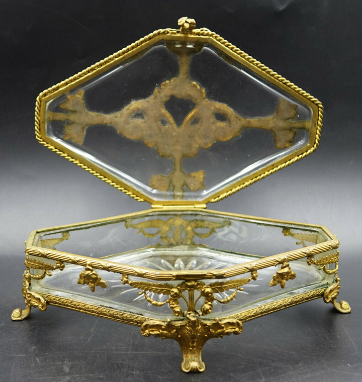 Louis XV French Baccarat Jewelry Box Crystal Ormolu Dore Bronze Rhombus Shaped