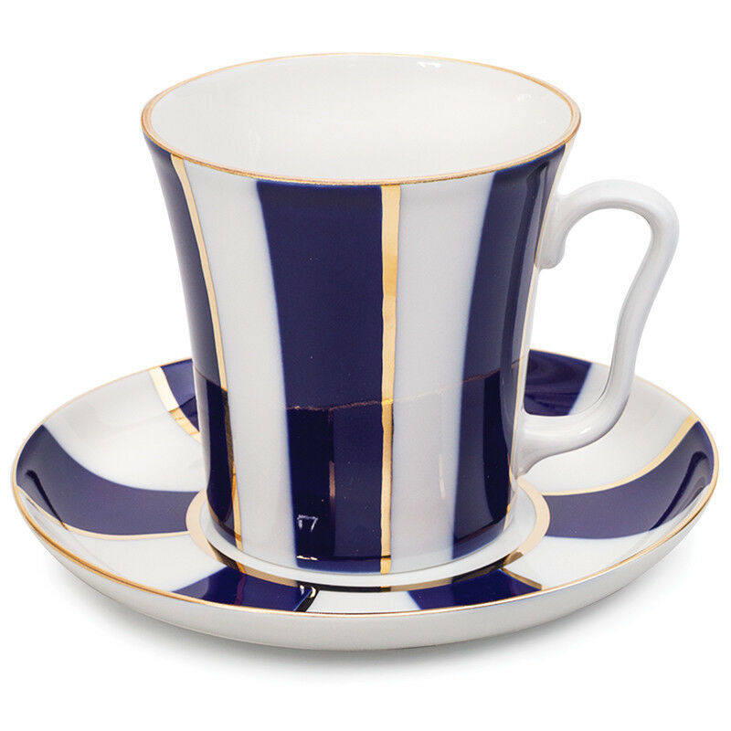 Cobalt Stripes Mug & Saucer Lomonosov Russian Imperial Porcelain Teacup 12 fl oz