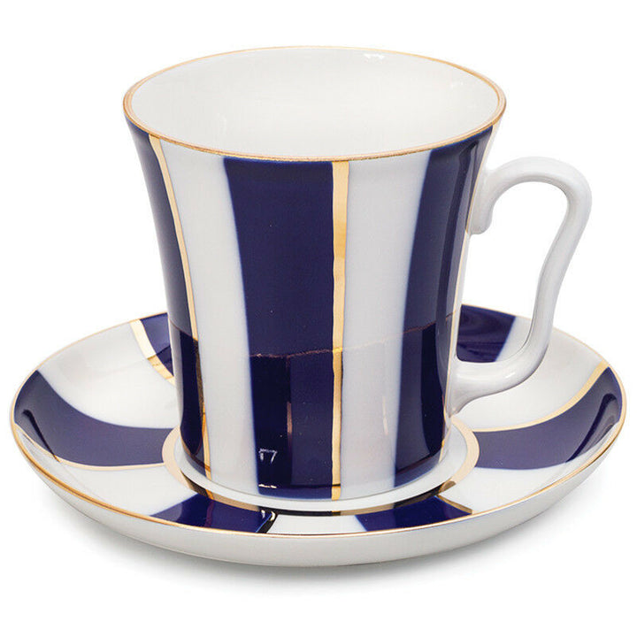 Cobalt Stripes Mug & Saucer Lomonosov Russian Imperial Porcelain Teacup 12 fl oz