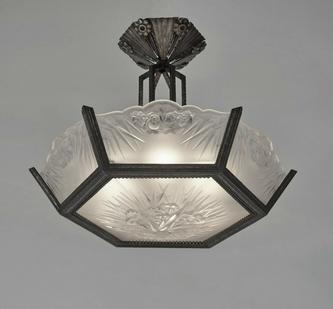 DAUM LORRAIN : FRENCH ART DECO CHANDELIER 1930 wrought iron lustre muller era