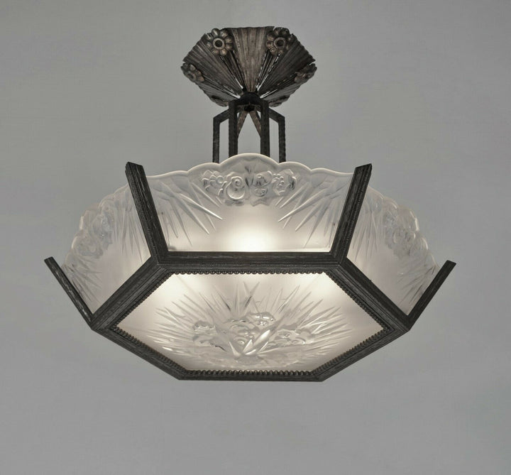 DAUM LORRAIN : FRENCH ART DECO CHANDELIER 1930 wrought iron lustre muller era