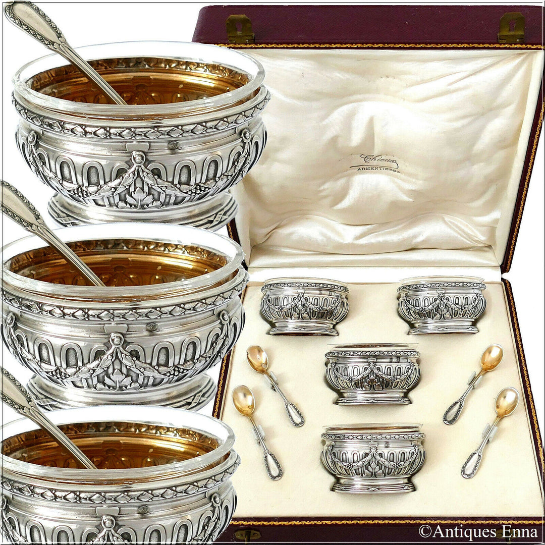 Puiforcat French Sterling Silver 4 Salt Cellars, Spoons, Box, Neoclassical