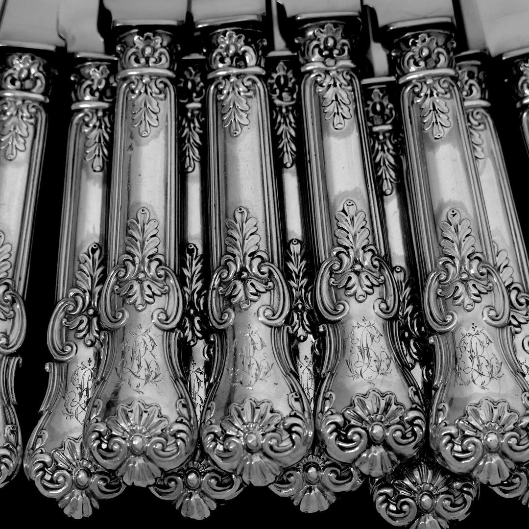 Antique French Sterling Silver Dinner Knife Set 12 pc New Stainless Steel Blades
