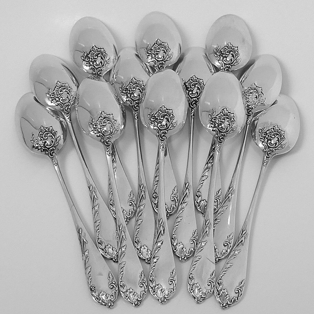 Debain French Sterling Silver Tea Coffee Spoons Set 12 pc, Art Nouveau