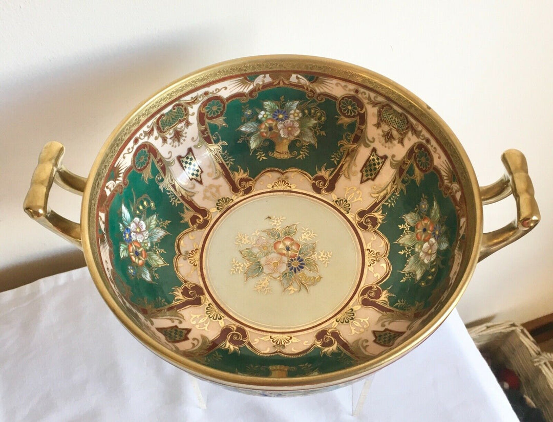 Vintage Art Deco Noritake Porcelain Flowers & Gold Gilded 2 Handled Footed Bowl