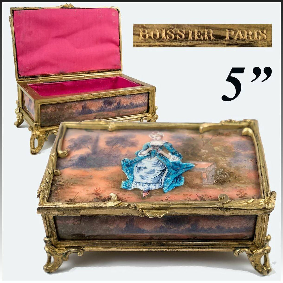 Rare Antique French Kiln-fired Enamel Jewelry box, Chocolatier's Signature