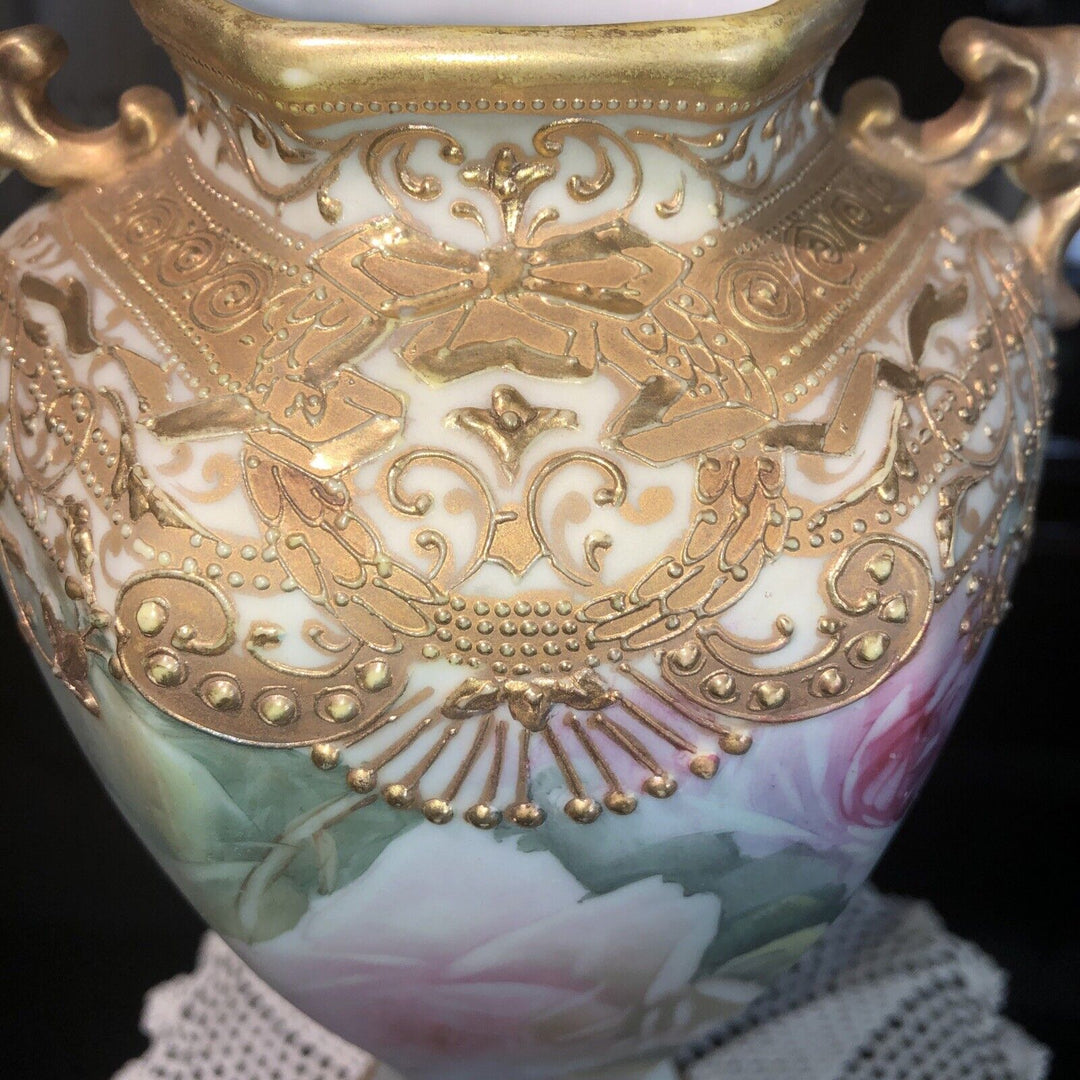 オールドノリタケ　メイプルリーフ印　ピンクローズと金彩の高級花瓶
