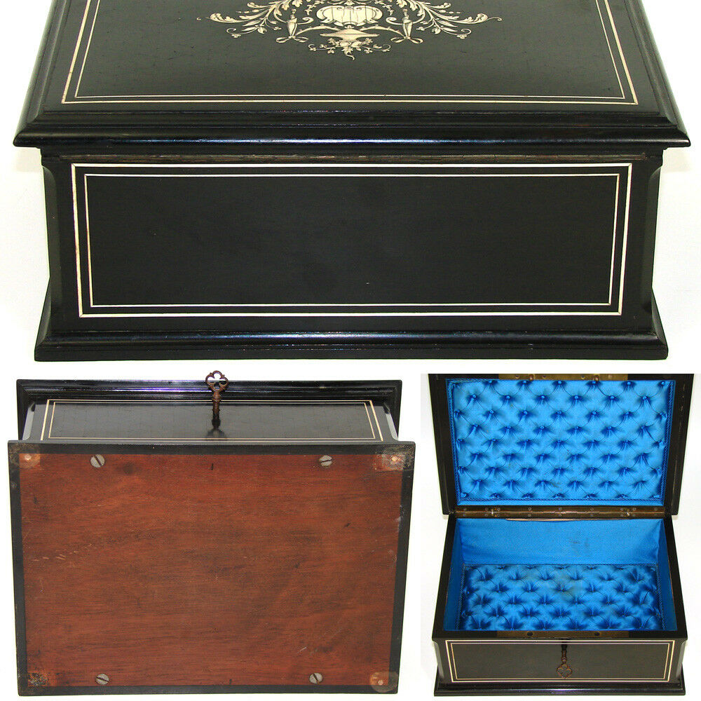 Elegant Antique French 11" Jewelry or Desk Box, Ebony Marquetry & Ornate Inlay