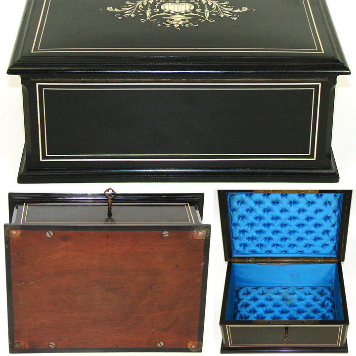 Elegant Antique French 11" Jewelry or Desk Box, Ebony Marquetry & Ornate Inlay