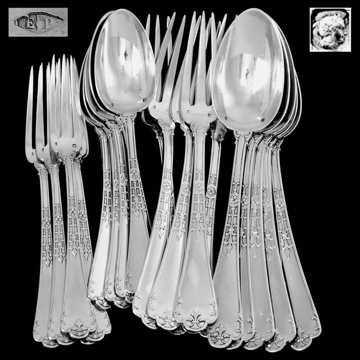 Puiforcat French Sterling Silver Dinner Dessert Flatware Set, Fer De Lance