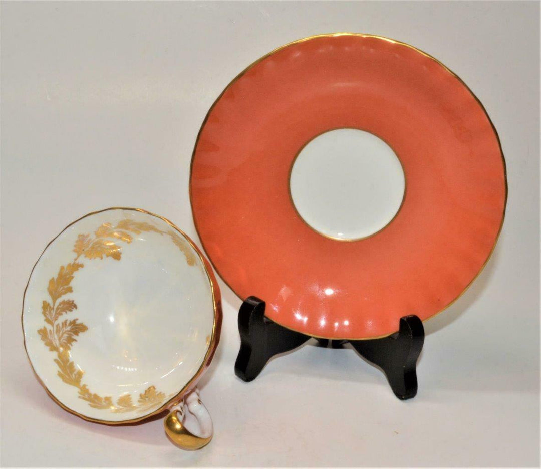 AYNSLEY Bone China England Orange Gold LEAVES Ribbed #C1687 Set Cup & Saucer