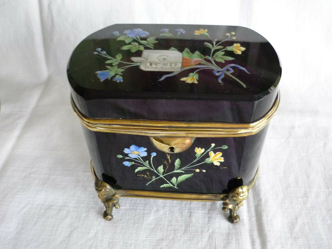 Antique Huge French Glass Casket Trinket Box Hand Enameled 1840 Circa Amethyst