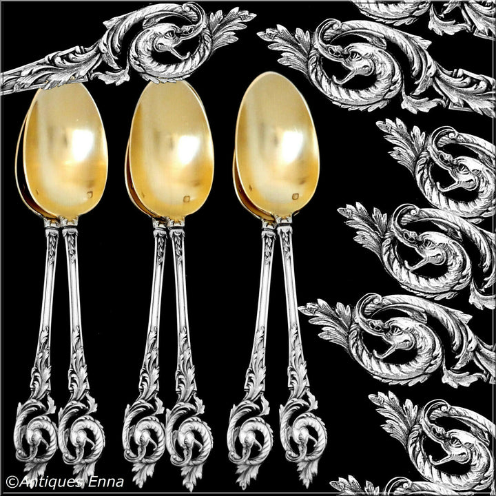 Canaux French Sterling Silver 18k Gold Coffee Dessert Spoons Set, Box, Dragon