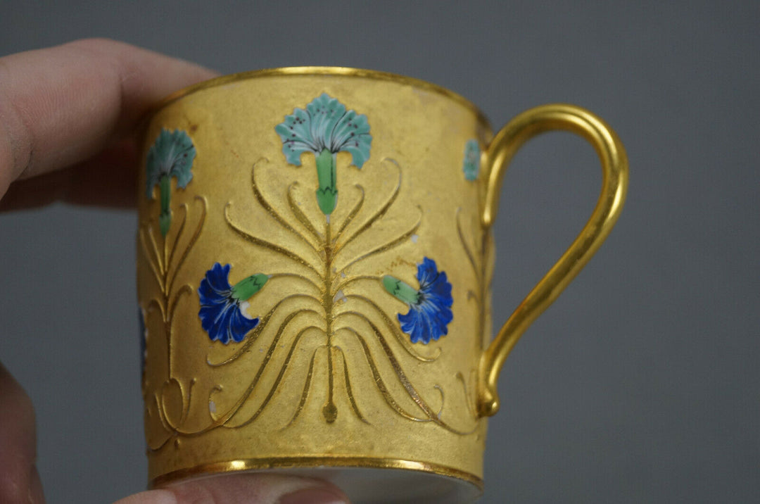 Antique French Hand Painted Blue Carnation Flower & Gold Demitasse Cup & Saucer