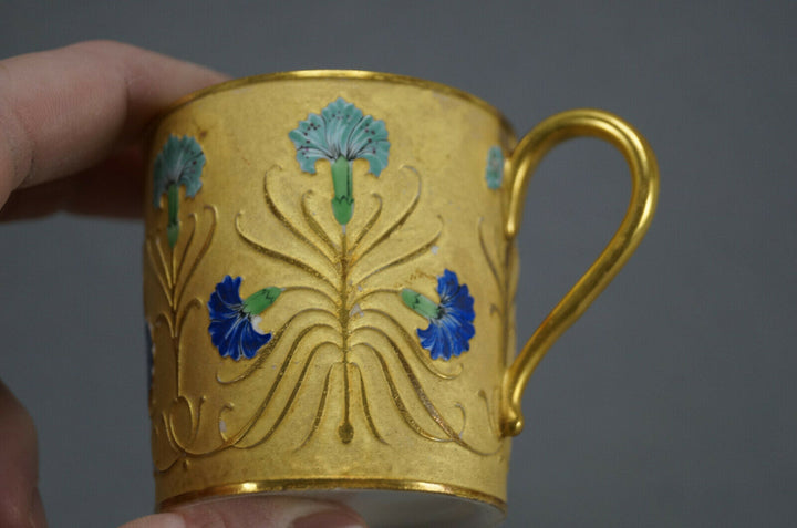 Antique French Hand Painted Blue Carnation Flower & Gold Demitasse Cup & Saucer