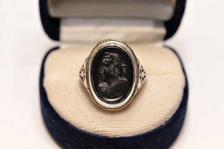 アンティーク 18K アールデコ 女性像が描かれたオニキスリング
