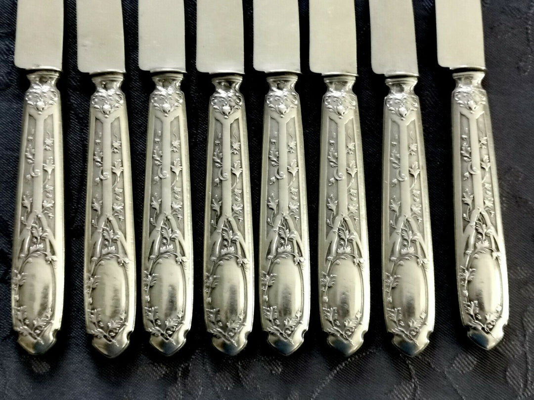 ARGENT MASSIF PUIFORCAT MODERNE FEUILLAGE 8 COUTEAUX LAMES EN ARGENT MASSIF MIN