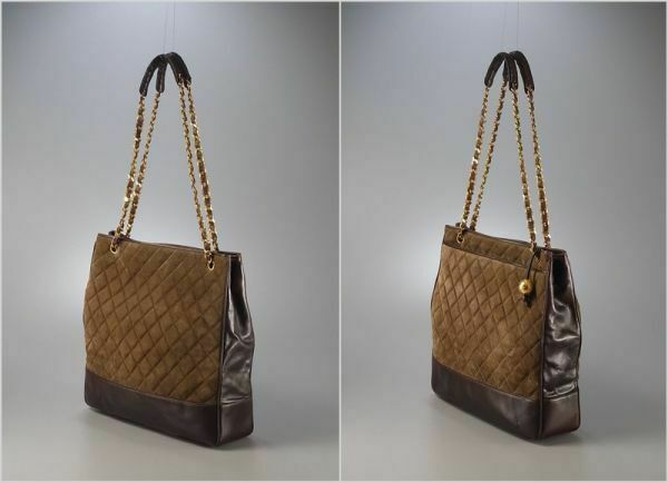 AUTH CHANEL Brown Gold Suede TOTE SHOULDER BAG
