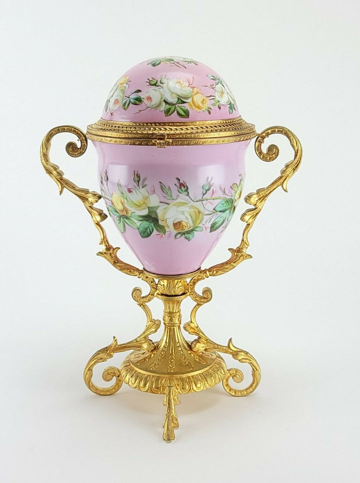 Antique French Sevres Porcelain Box Egg Style Gilt Bronze