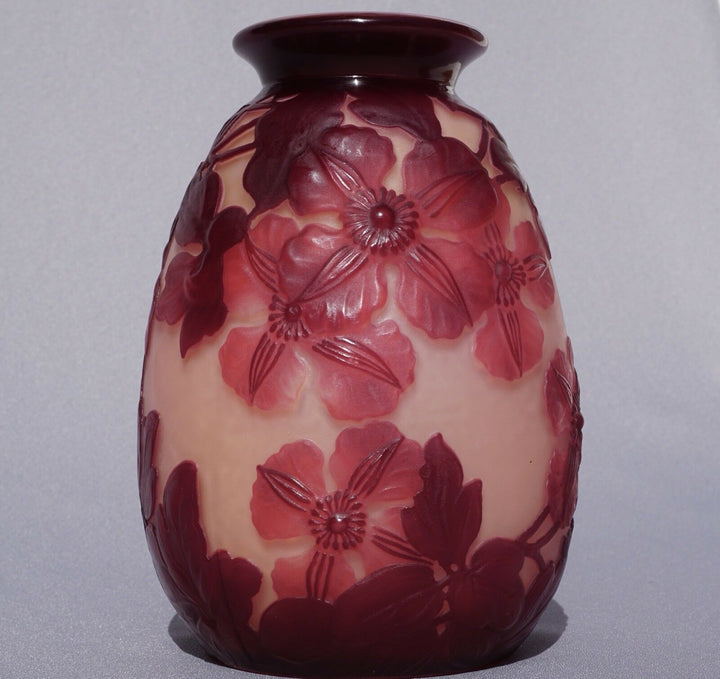 French Emile Galle Blown Out Soufle Vase Red Pink Clematis Flowers