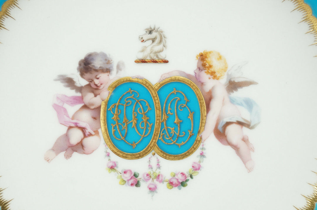 Minton Hand Painted Cherubs Armorial Monogram Turquoise Floral & Gold Plate A