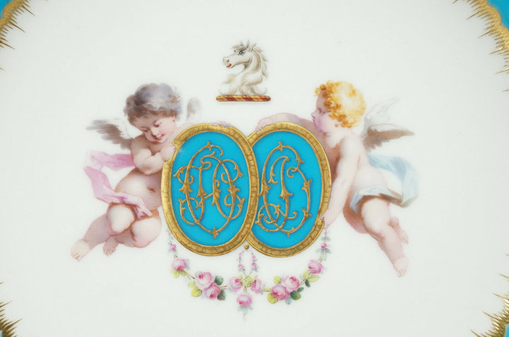 Minton Hand Painted Cherubs Armorial Monogram Turquoise Floral & Gold Plate A