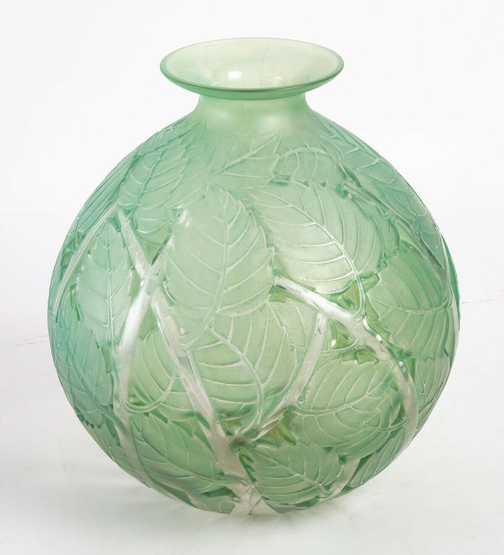 Vase Milan Verre Patine Vert René Lalique R.Lalique Green Stained Glass Leaves