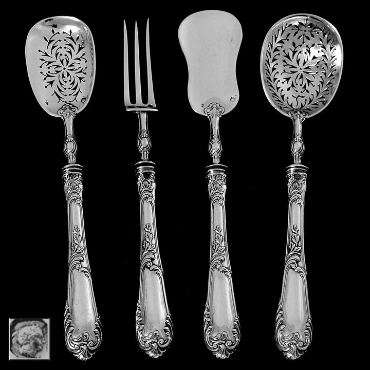 Soufflot French All Sterling Silver Dessert Hors d'Oeuvre Set 4 Pc, Original Box
