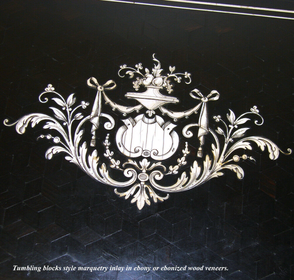 Elegant Antique French 11" Jewelry or Desk Box, Ebony Marquetry & Ornate Inlay