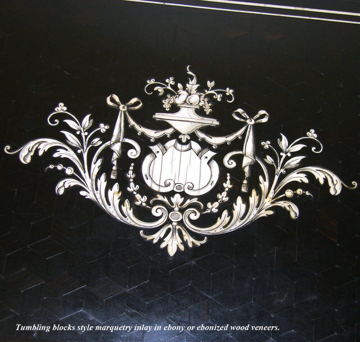 Elegant Antique French 11" Jewelry or Desk Box, Ebony Marquetry & Ornate Inlay