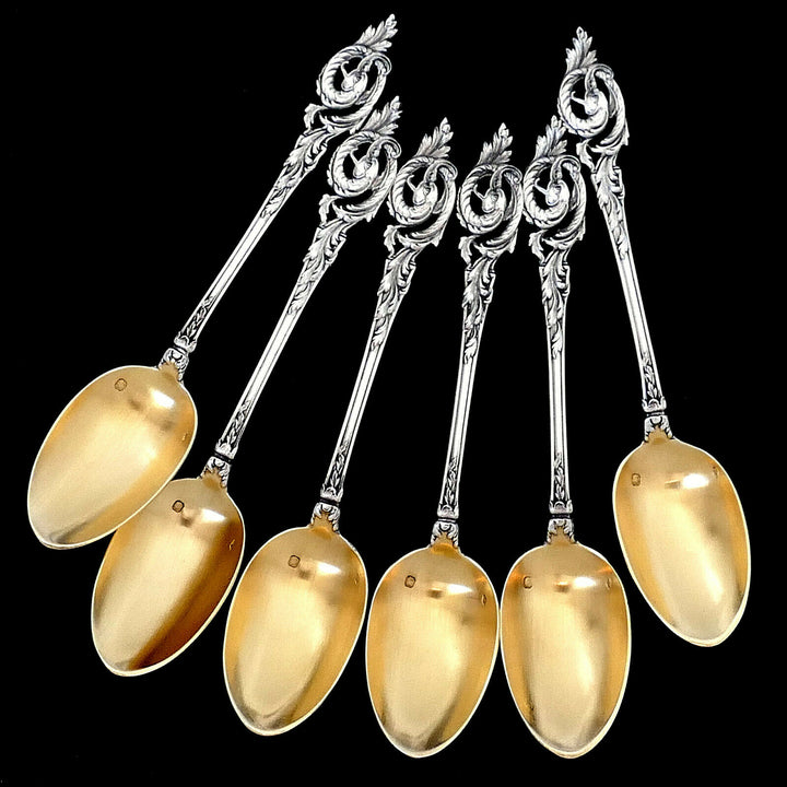 Canaux French Sterling Silver 18k Gold Coffee Dessert Spoons Set, Box, Dragon