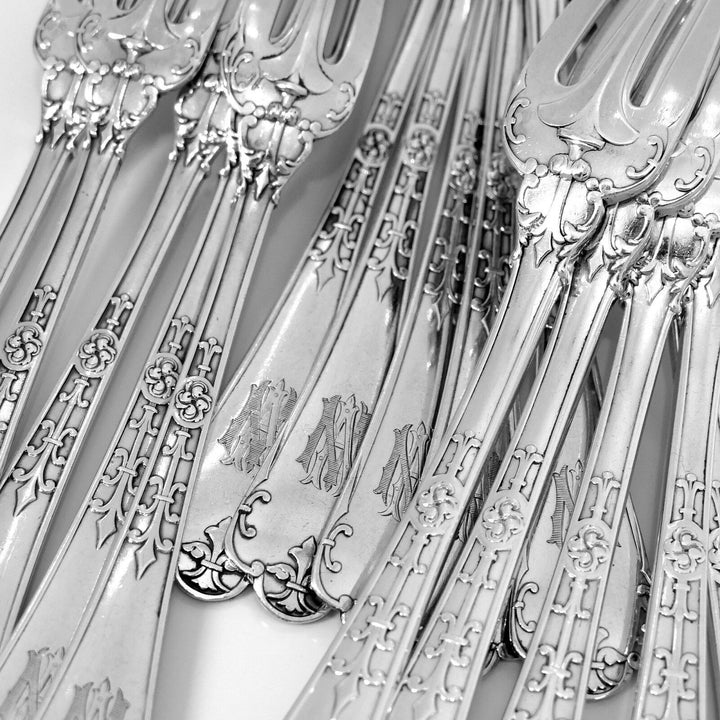 Puiforcat French Sterling Silver Dinner Dessert Flatware Set, Fer De Lance