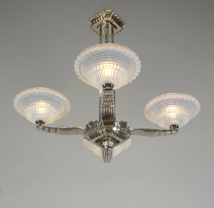 LAVAL & GAUTHIER Ezan EJG : FRENCH OPALESCENT ART DECO CHANDELIER .... 1930 1935