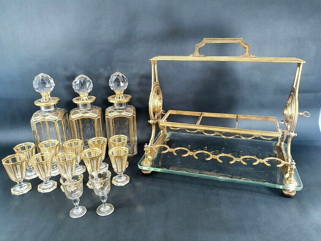 RARE ANTIQUE BACCARAT TANTALUS SIGNED FRENCH GILT BRONZE LIQUOR BOX CAVE LIQUEUR