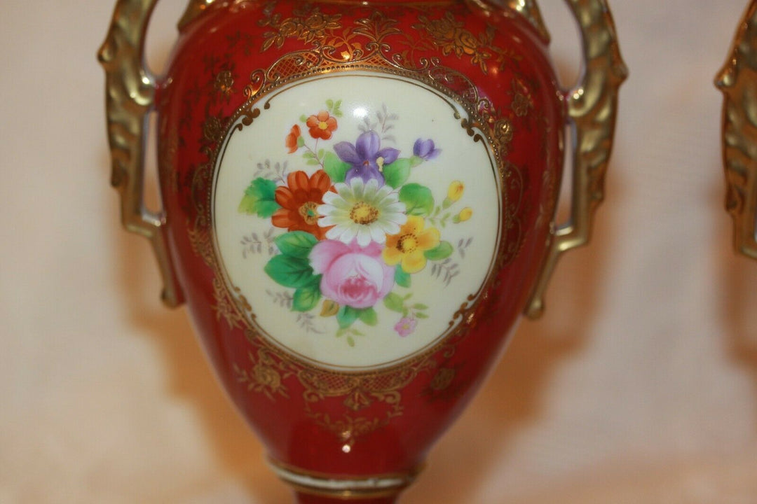 Nippon Noritake porcelain urns vases hand painted beaded gold Red
