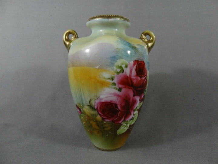 オールドノリタケ　水辺にピンクローズの花瓶