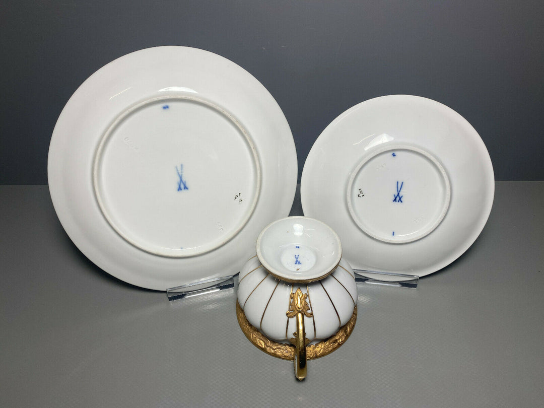 MEISSEN PRUNK KAFFEE GEDECK 3-TLG TASSE UT TELLER X-FORM VIEL GOLD GOLDBRONZE
