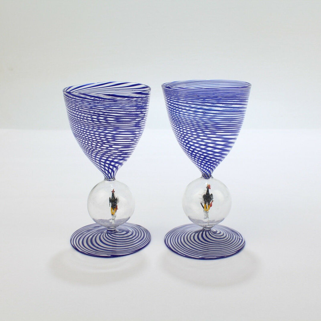 Pair of 2 Bimini Austrian Blue Swirl Wine or Cocktail Glasses - Lampwork Deco GL