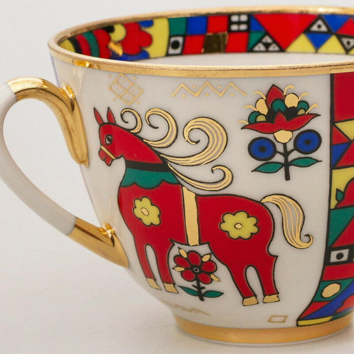 Folk Patterns Teacup & Saucer by Imperial Lomonosov Porcelain Red Rooster Luxury